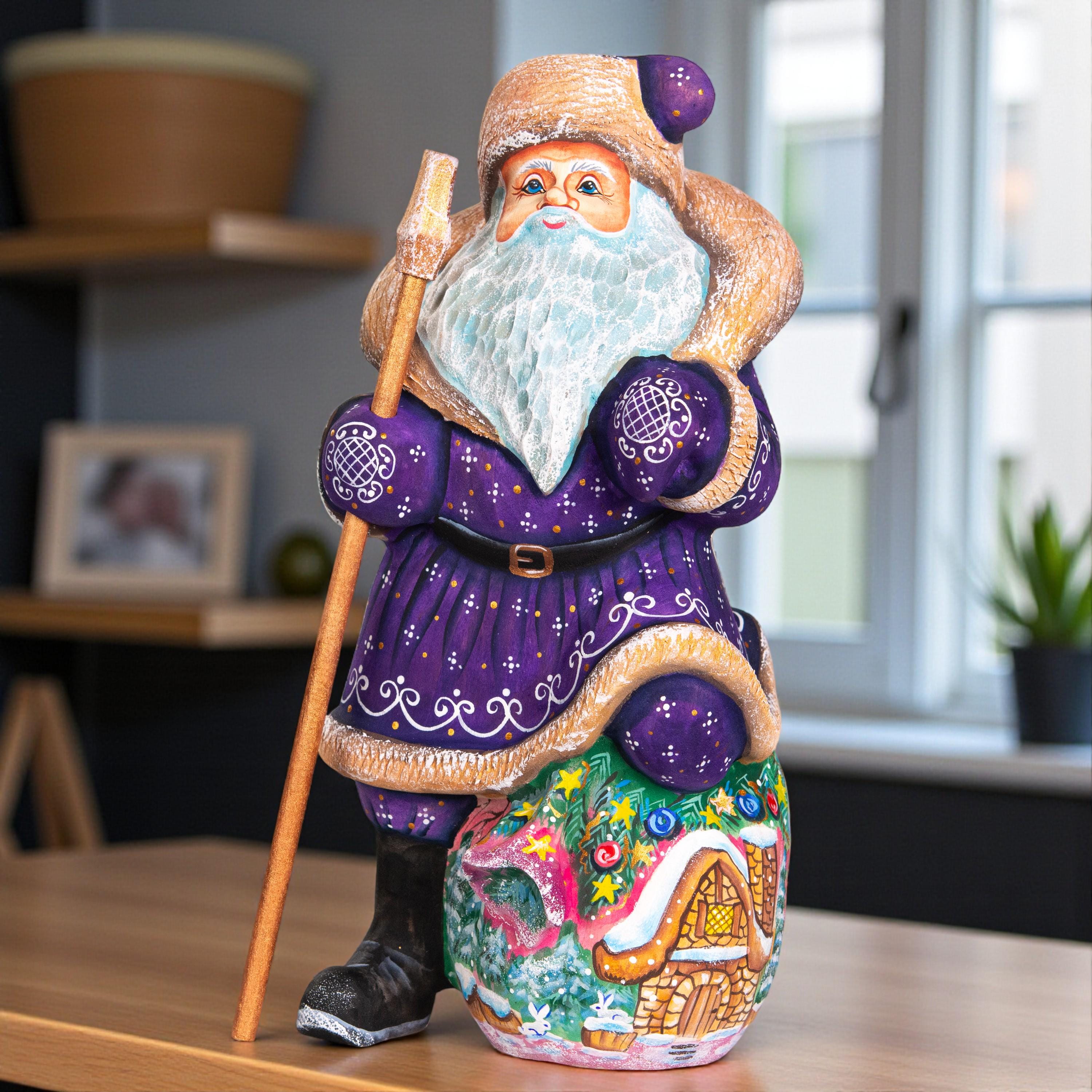 Hand carved wooden Santa figurine 9.4 inch, purple coat, cottage scene decor