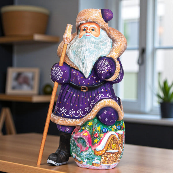 Hand carved wooden Santa figurine 9.4 inch, purple coat, cottage scene decor