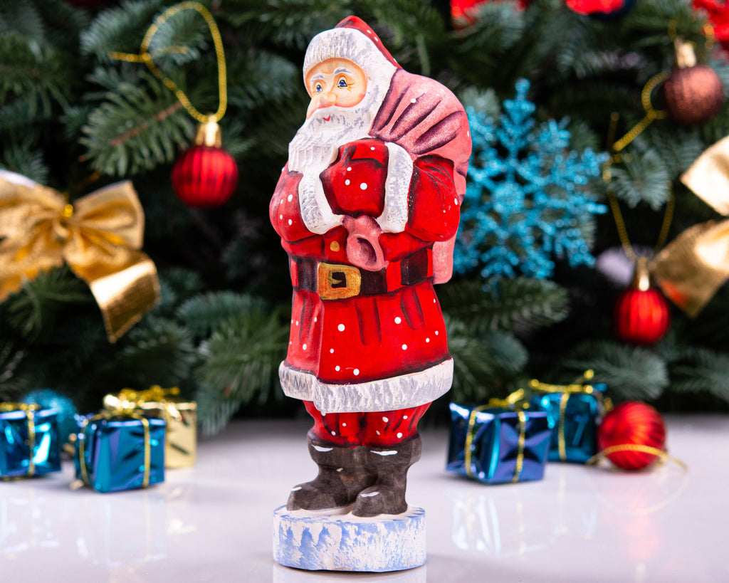 Santa Statue 7.1″, Hand‑Carved Wood, Shoulder Toy Sack