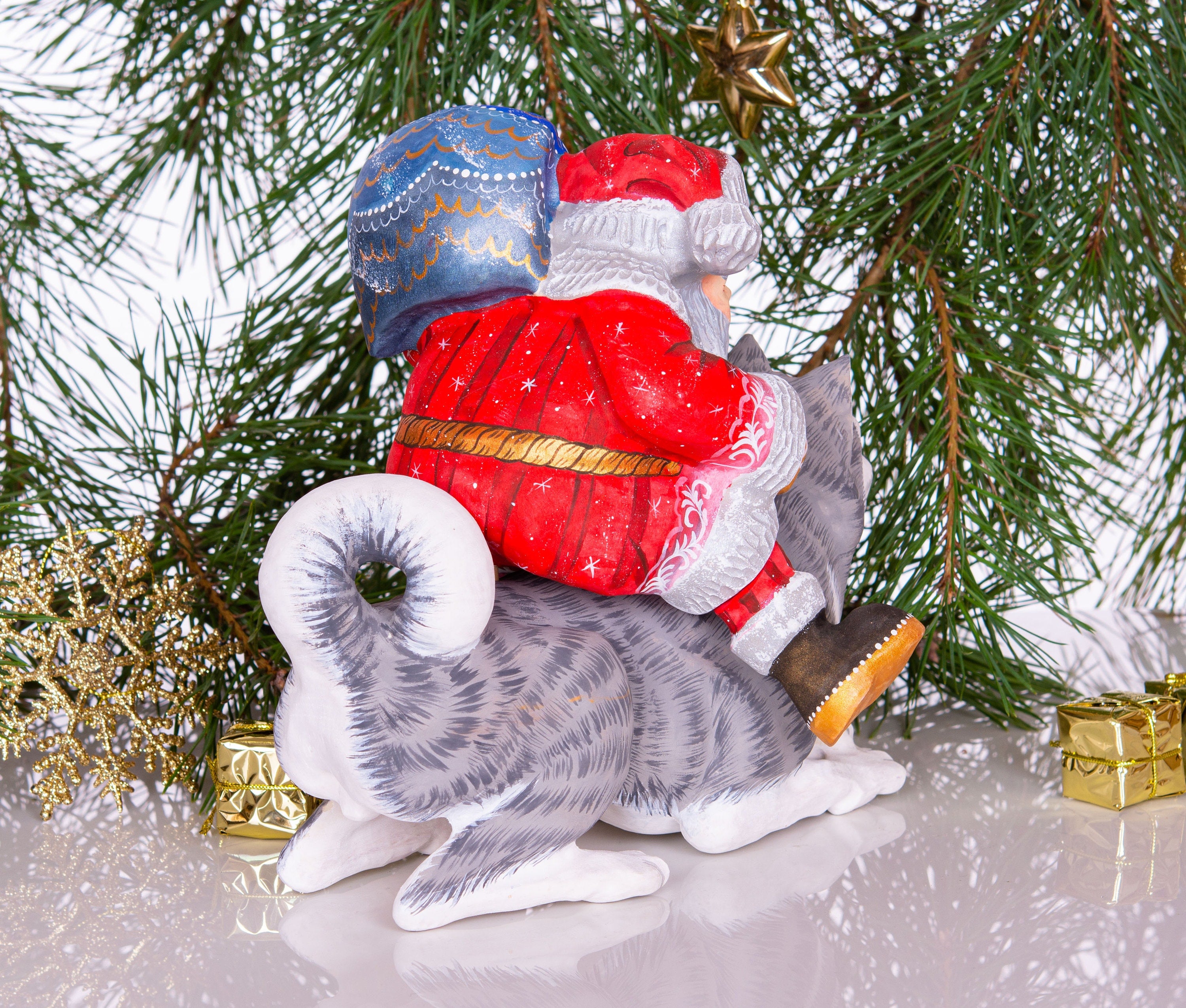 Hand-Carved Santa Claus Figurine on Dog: Retro Christmas Decor
