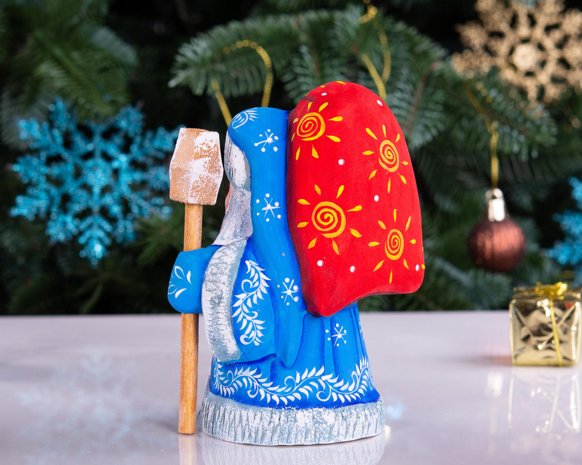 Hand Carved Wood Santa Figurine: Blue Coat Folk Art Collectible