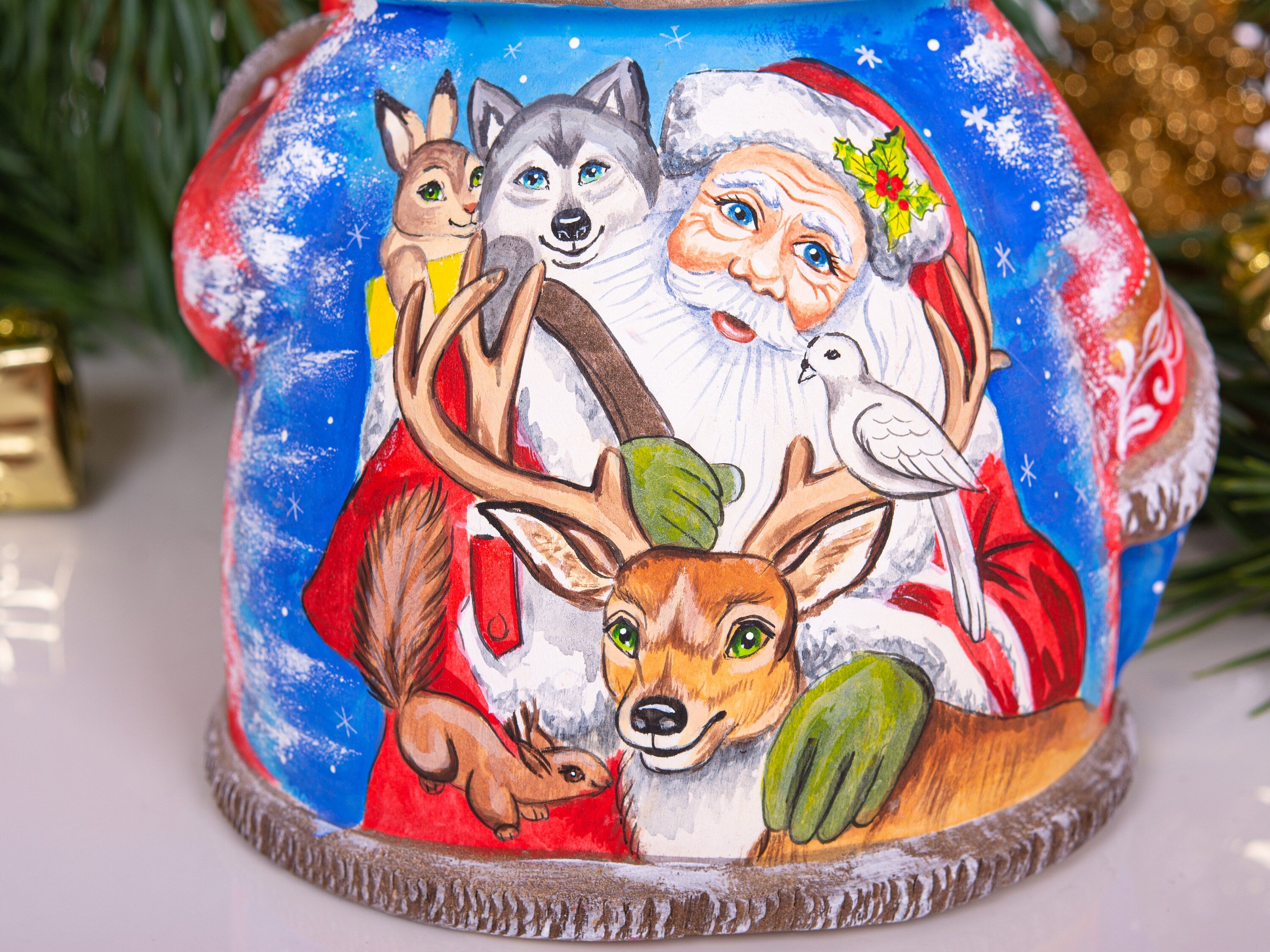 Old World Santa solid wood figurine 6 inch, animal friends scene