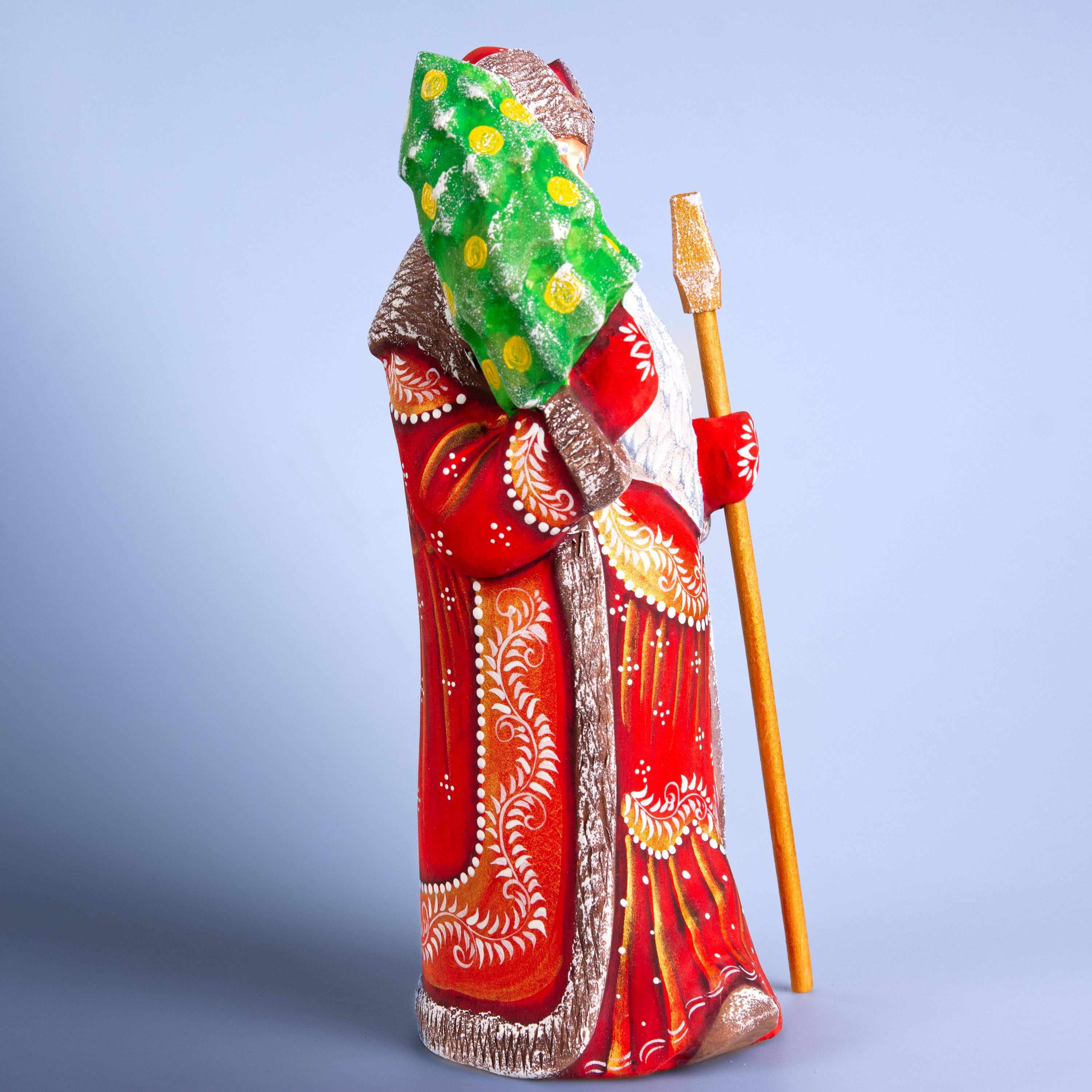 Hand Carved Santa Figurine: Red & Gold Robe, Wooden Christmas Mantel Decor