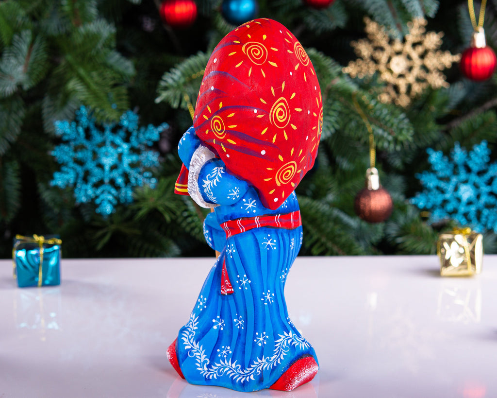Hand carved blue Santa wooden figurine 7.9 inch, gift sack and staff, centerpiece