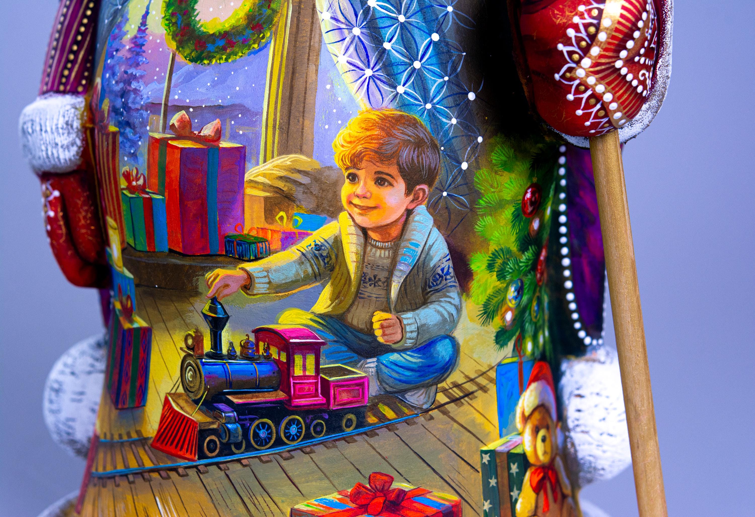 Collectible Santa Wood Figurine 14" — Boy Playing Toy Train