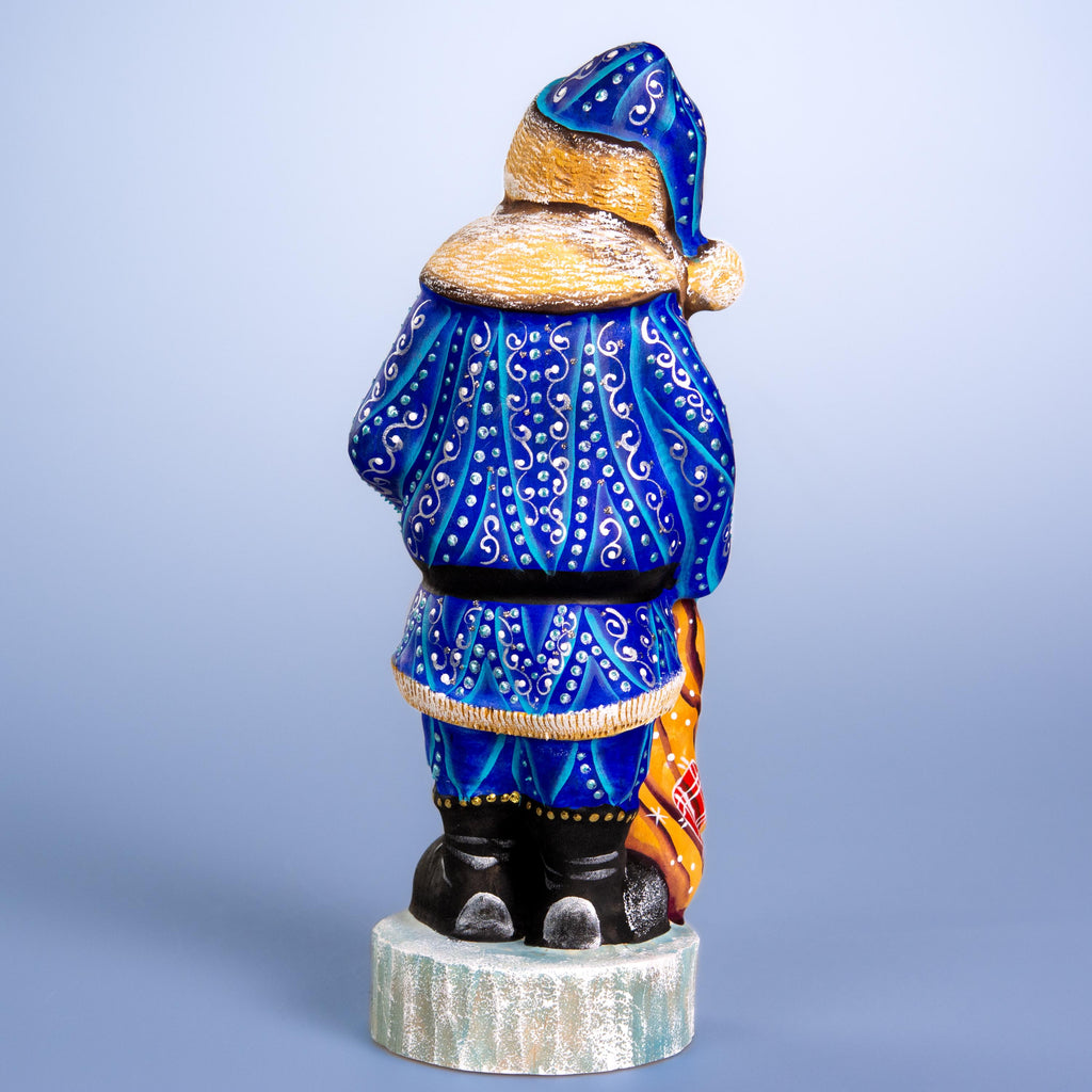 Hand carved blue Santa wooden figurine 10 inch, snowman in hand