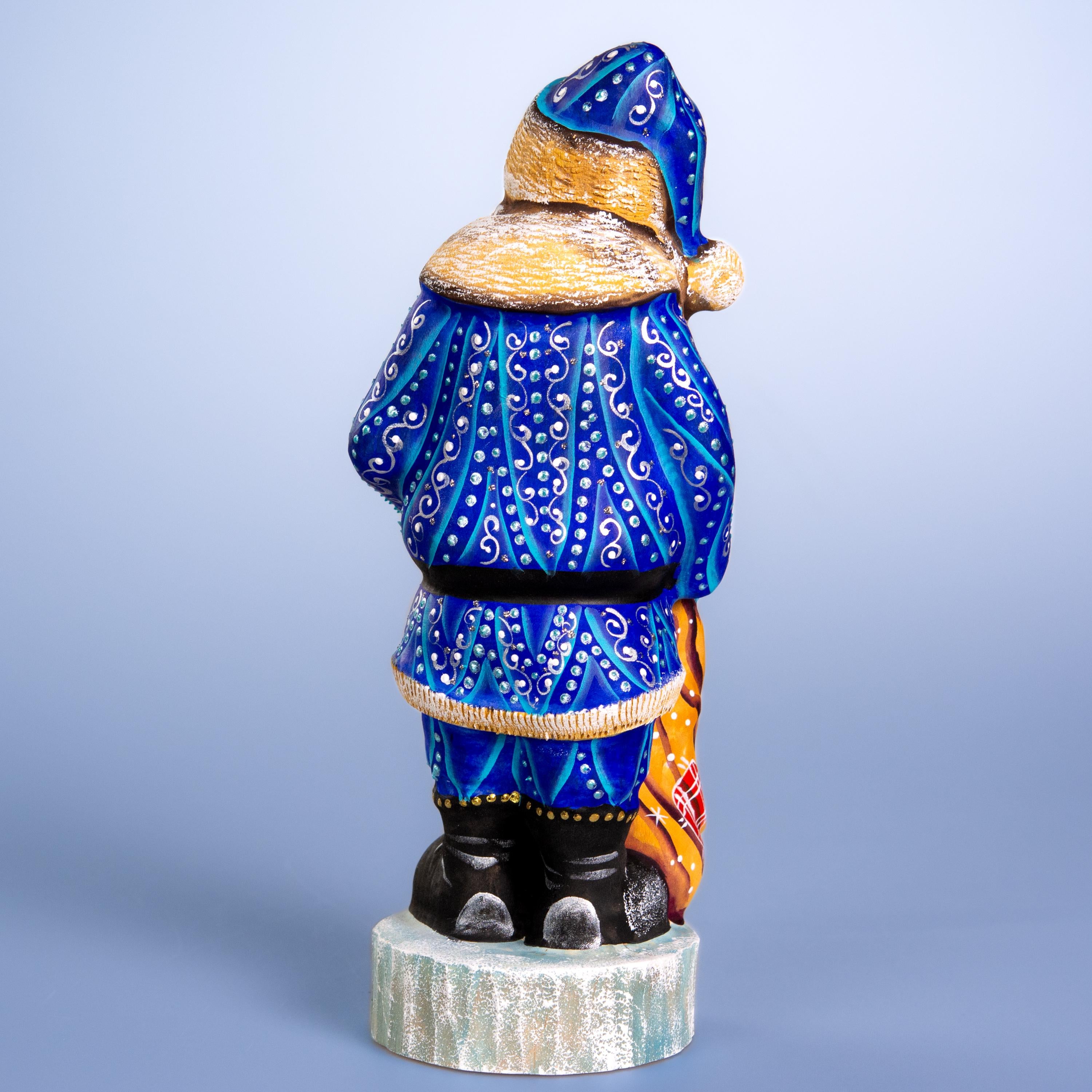Hand carved blue Santa wooden figurine 10 inch, snowman in hand