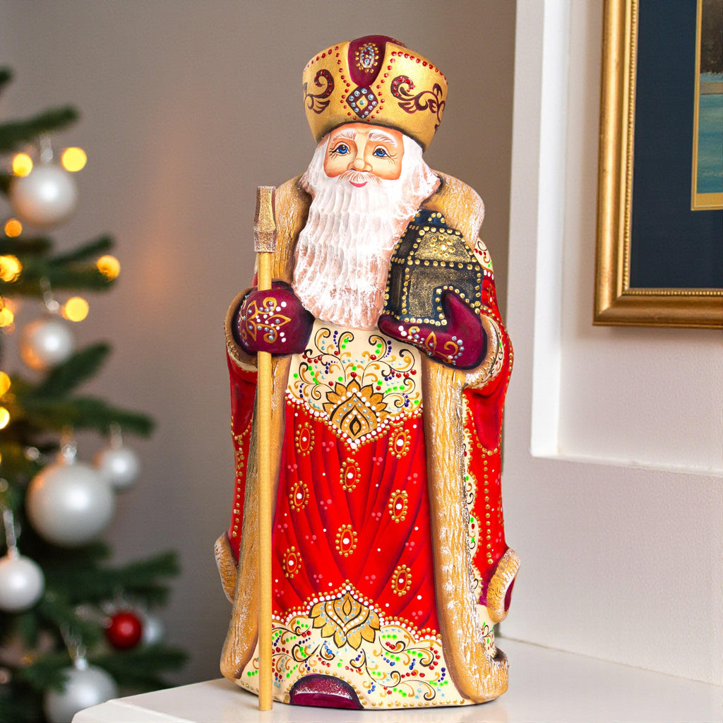 Hand carved Santa wooden figurine 12 inch, ornate folk pattern