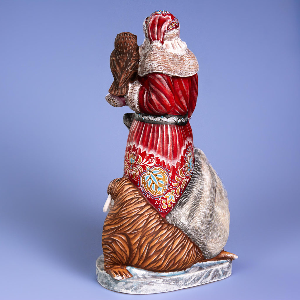 Hand Carved Wooden Santa Figurine 13.8 inch, Arctic Animals, Polar Bear, Walrus, Owl