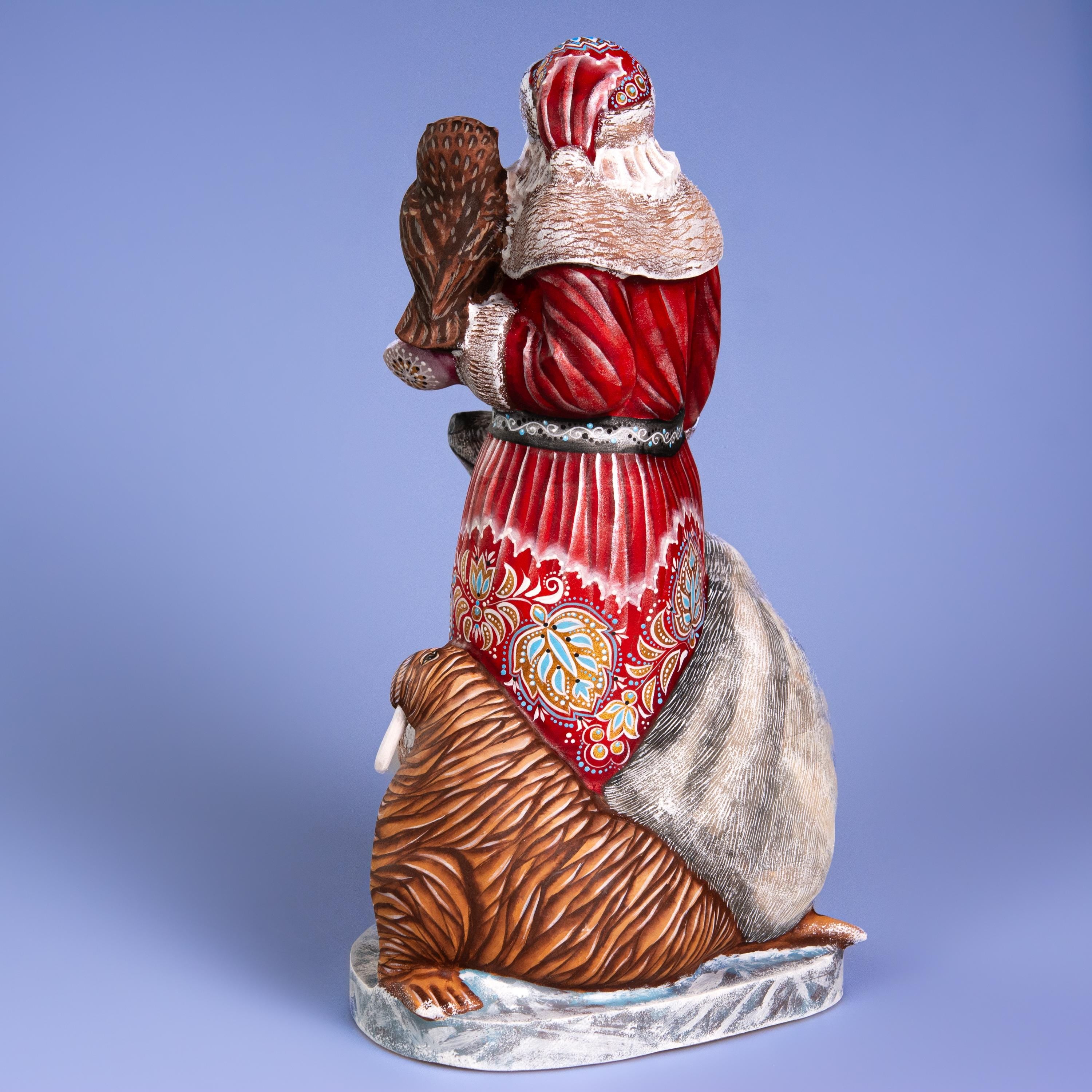 Hand Carved Wooden Santa Figurine 13.8 inch, Arctic Animals, Polar Bear, Walrus, Owl