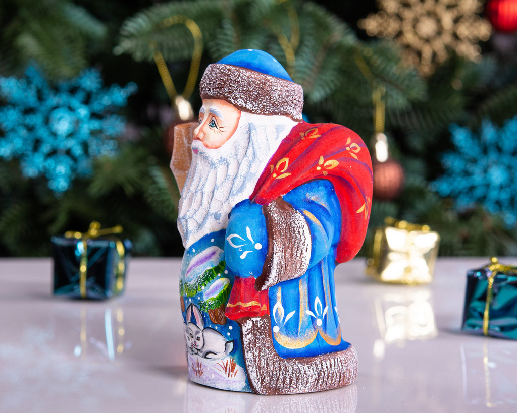 Old‑World Father Frost 5.1", Hand‑Carved Wood, Rabbits Under Pine
