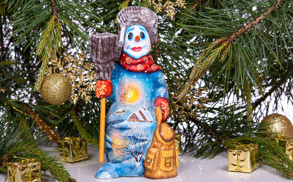 Snowman wooden statue 8 inch, holding broom, tabletop Christmas accent