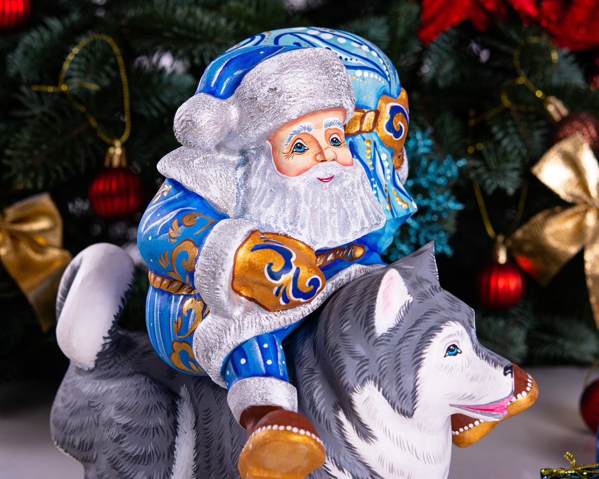 Hand carved Santa riding husky dog wood carving 9 inch, rustic holiday centerpiece