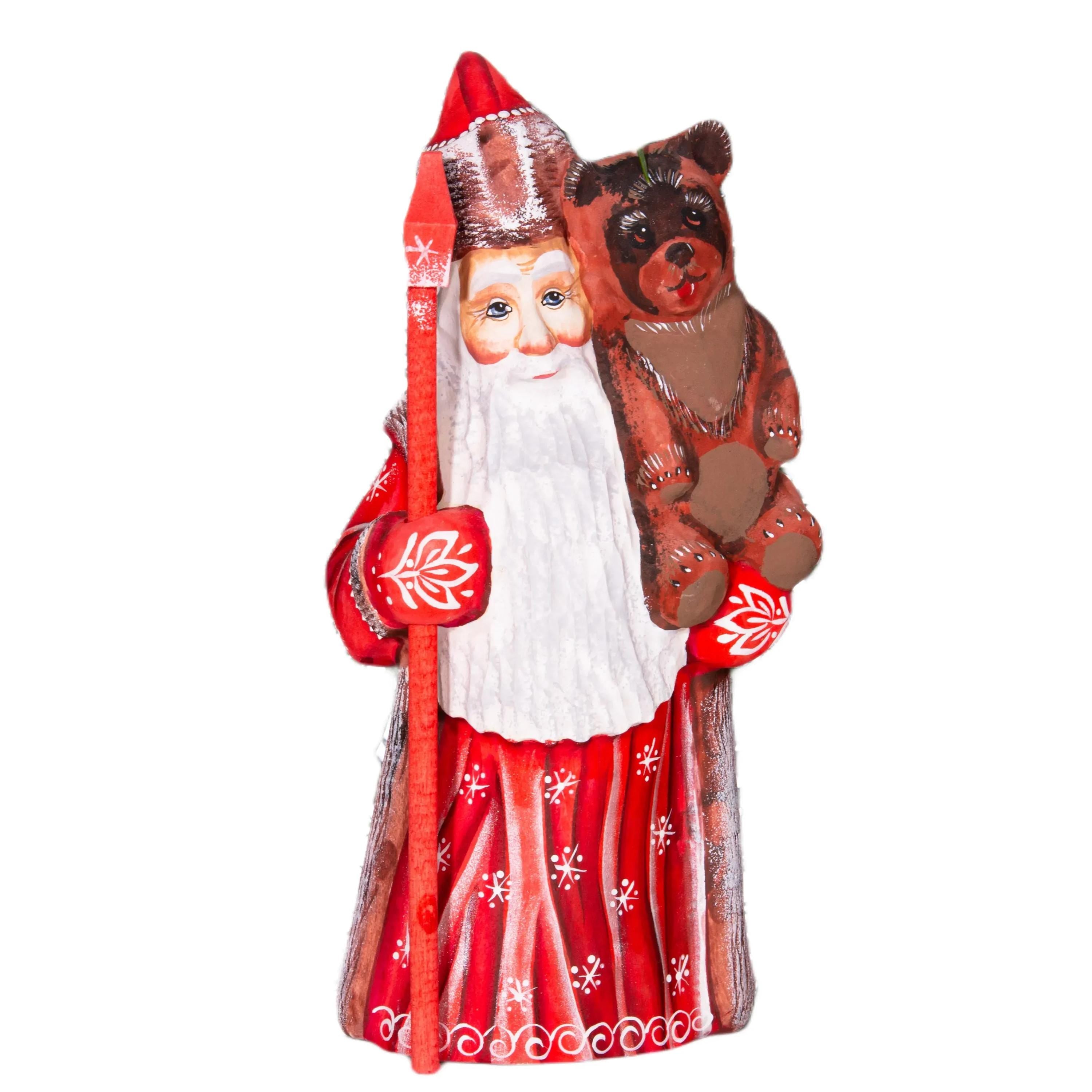 Hand carved wooden Santa figurine 8.5 inch, holding bear, holiday shelf decor