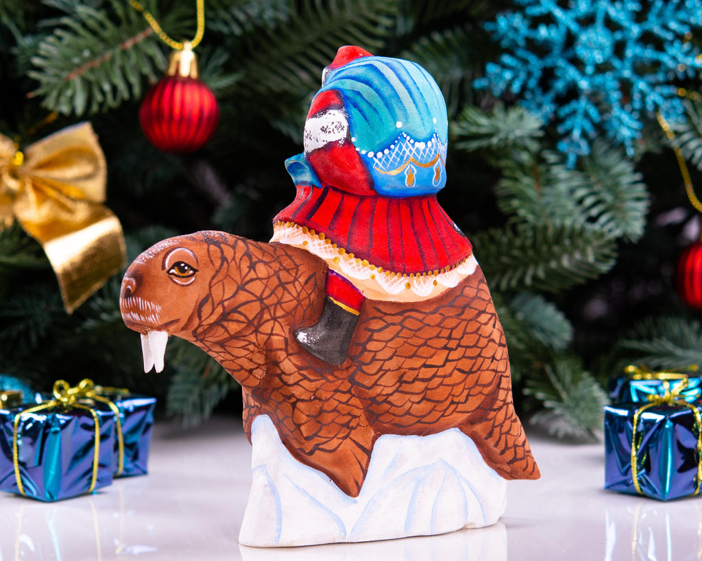 Old World Santa wooden figurine 5.9 inch, walrus arctic scene display