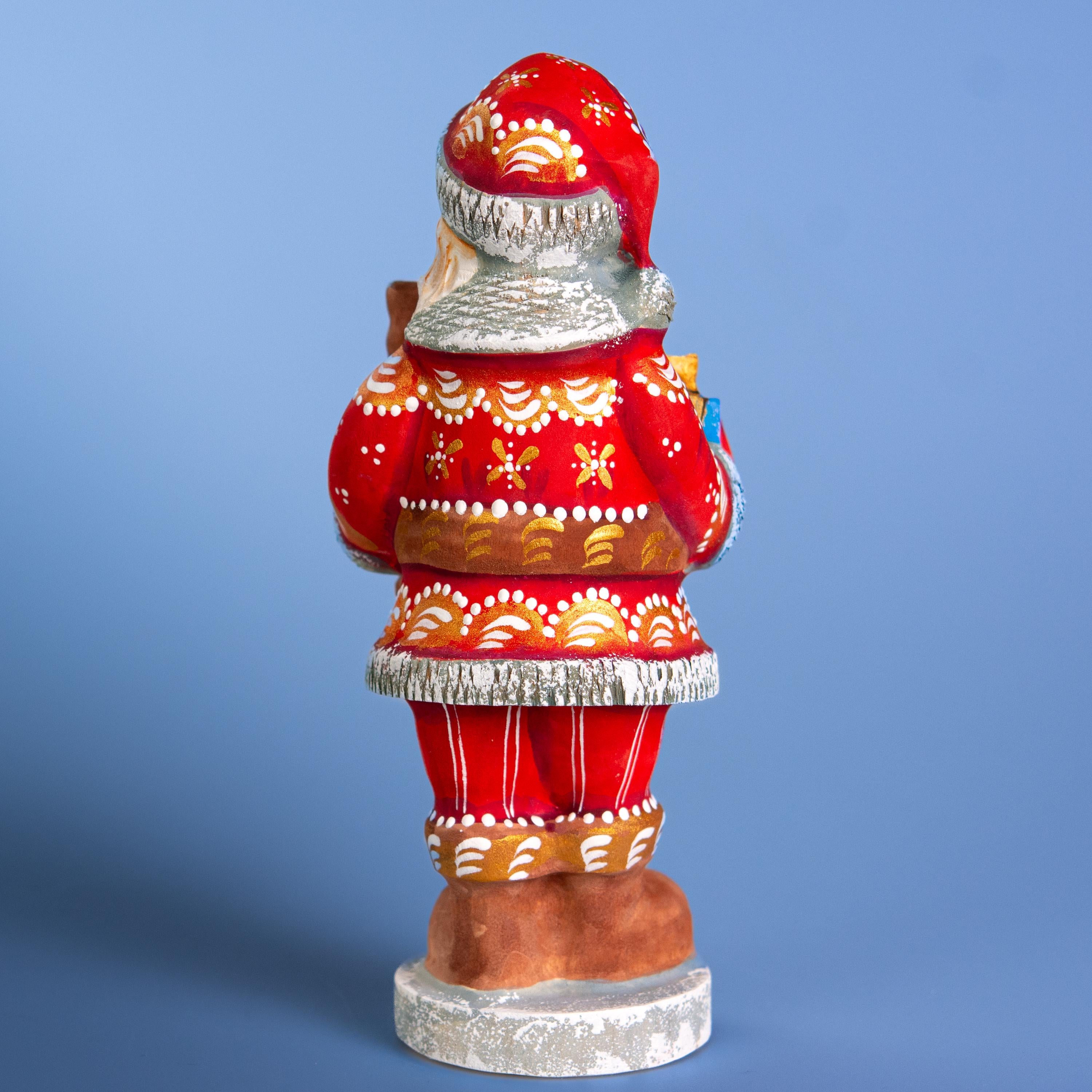 Hand carved wooden Santa figurine 7 inch, teddy bear toy, Christmas mantel decor