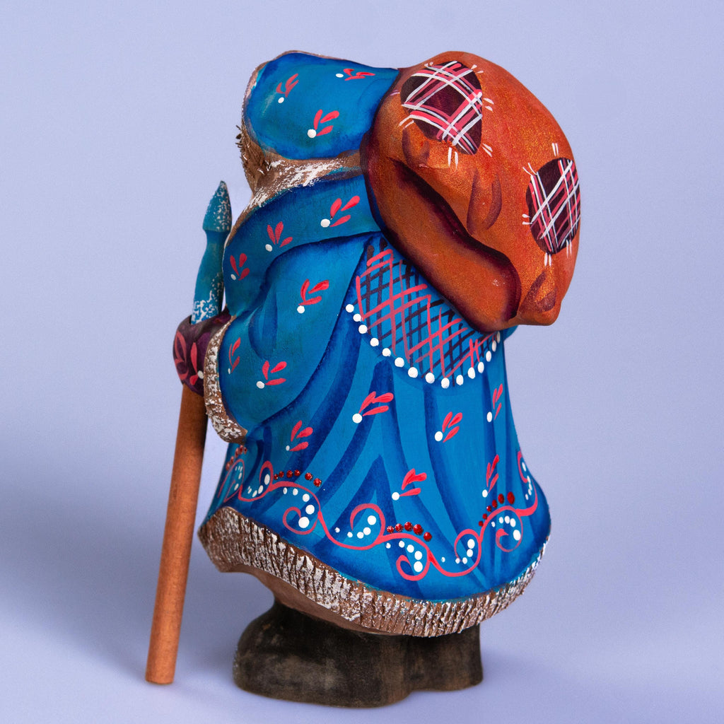 Father Frost Figurine Hand Carved Wood Blue Robe Staff and Sack 6″