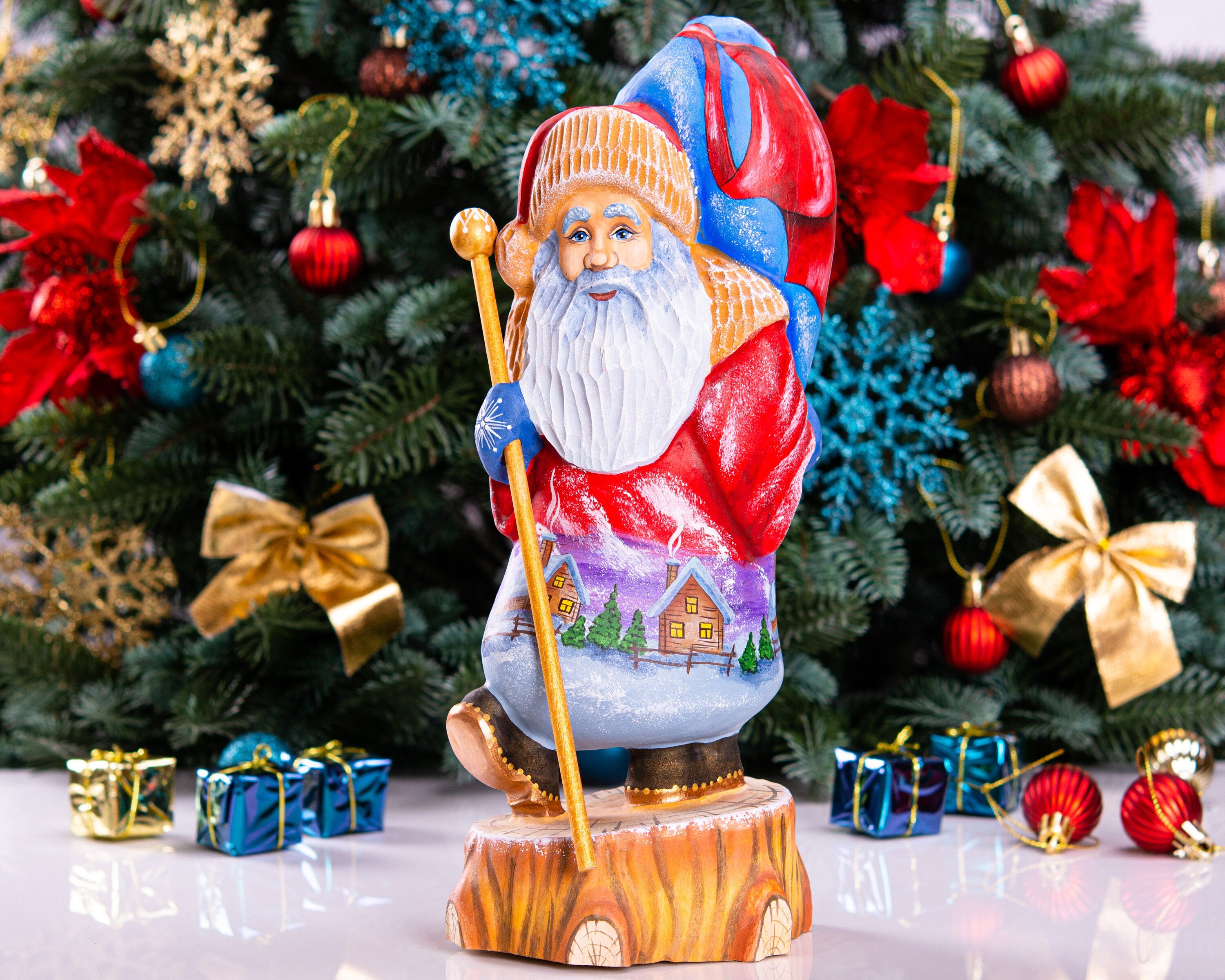 Hand carved Old-World Santa figurine 11.4 inch, snowy village artwork, rustic lodge shelf decor