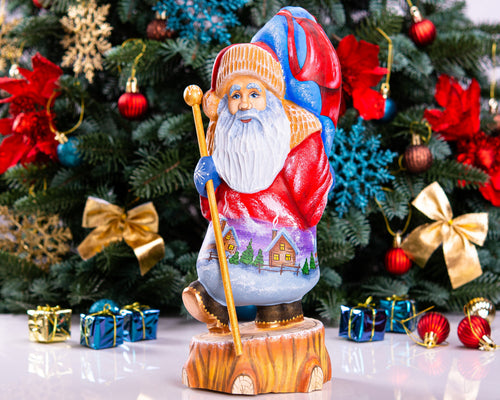Hand carved Old-World Santa figurine 11.4 inch, snowy village artwork, rustic lodge shelf decor