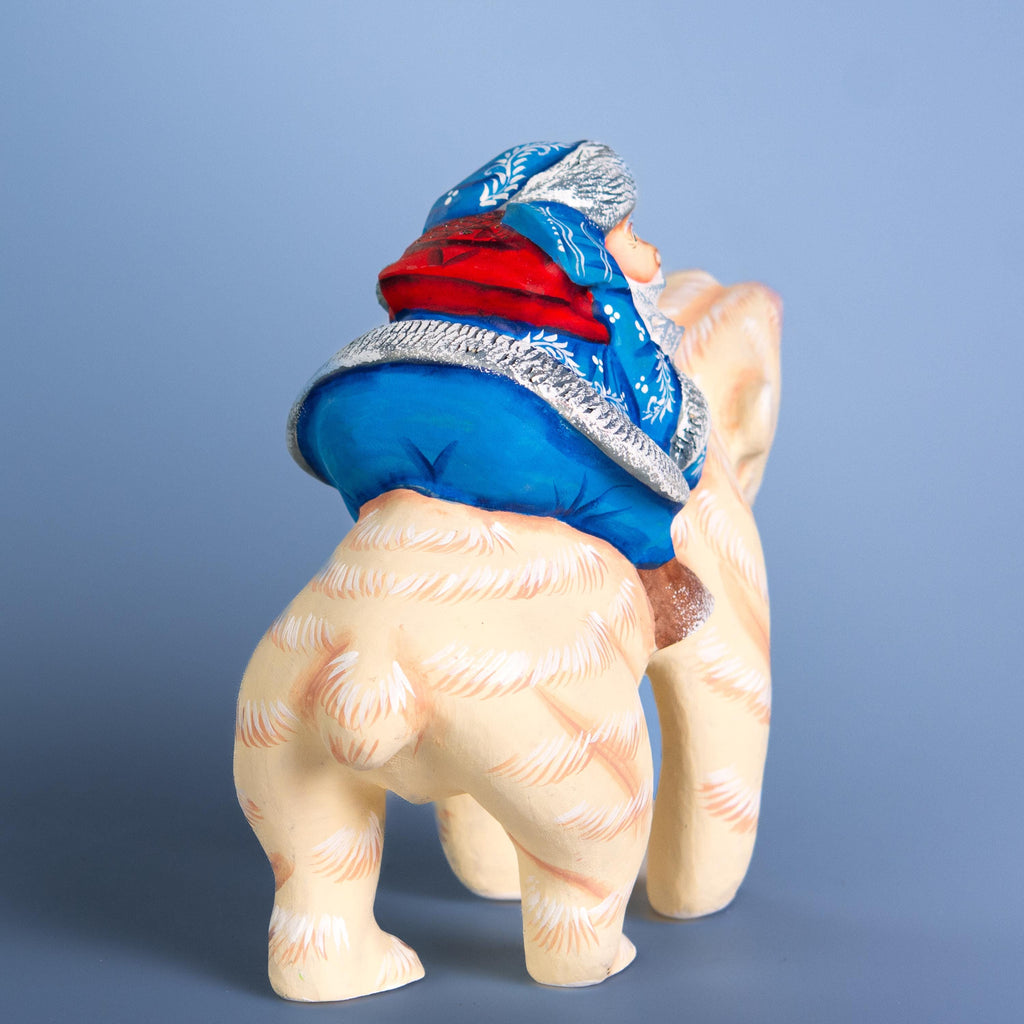 Old World Santa Riding Bear Figurine 9 inch Long, Hand Carved Wood