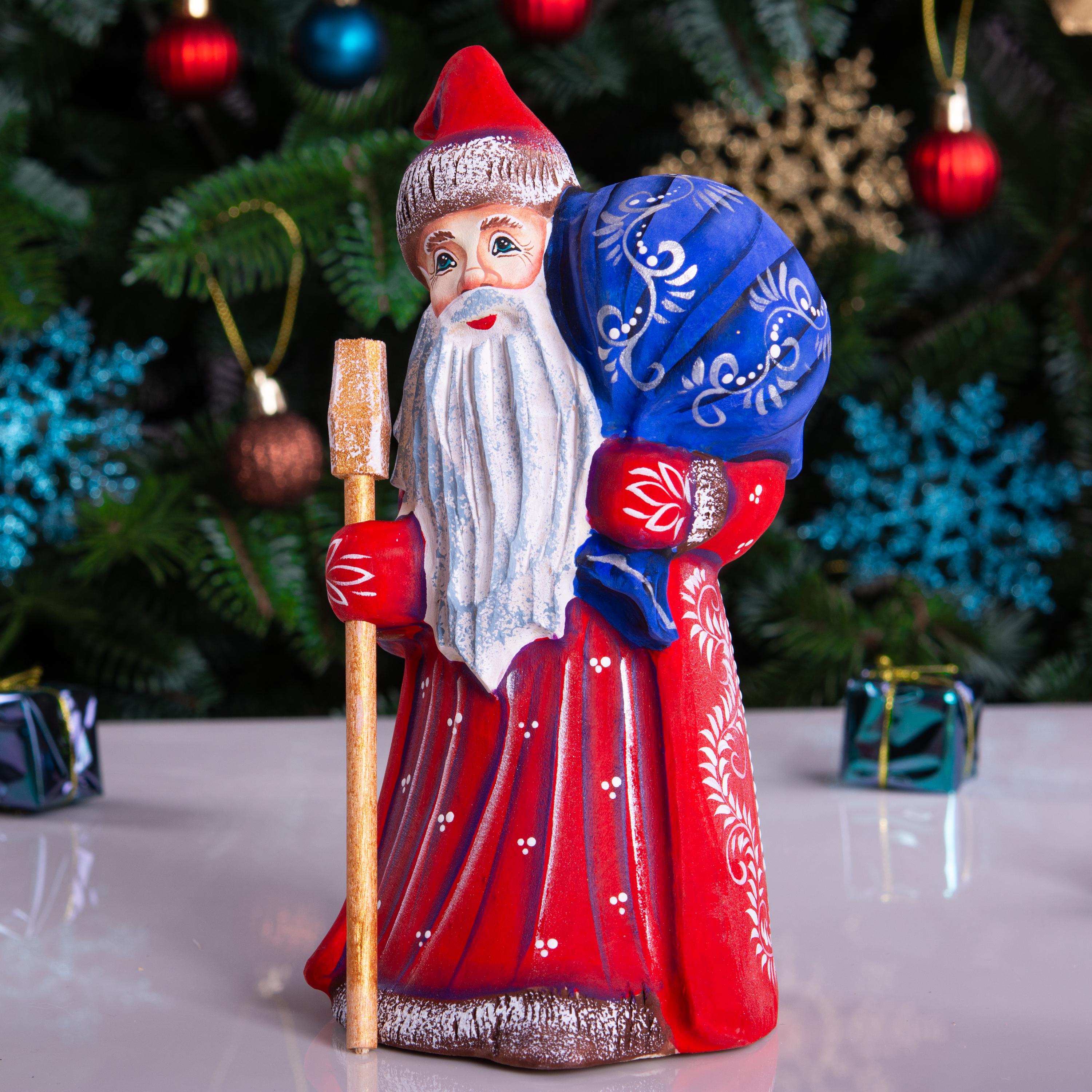 Hand carved Santa wooden figurine 8 inch, blue gift sack, shelf decor