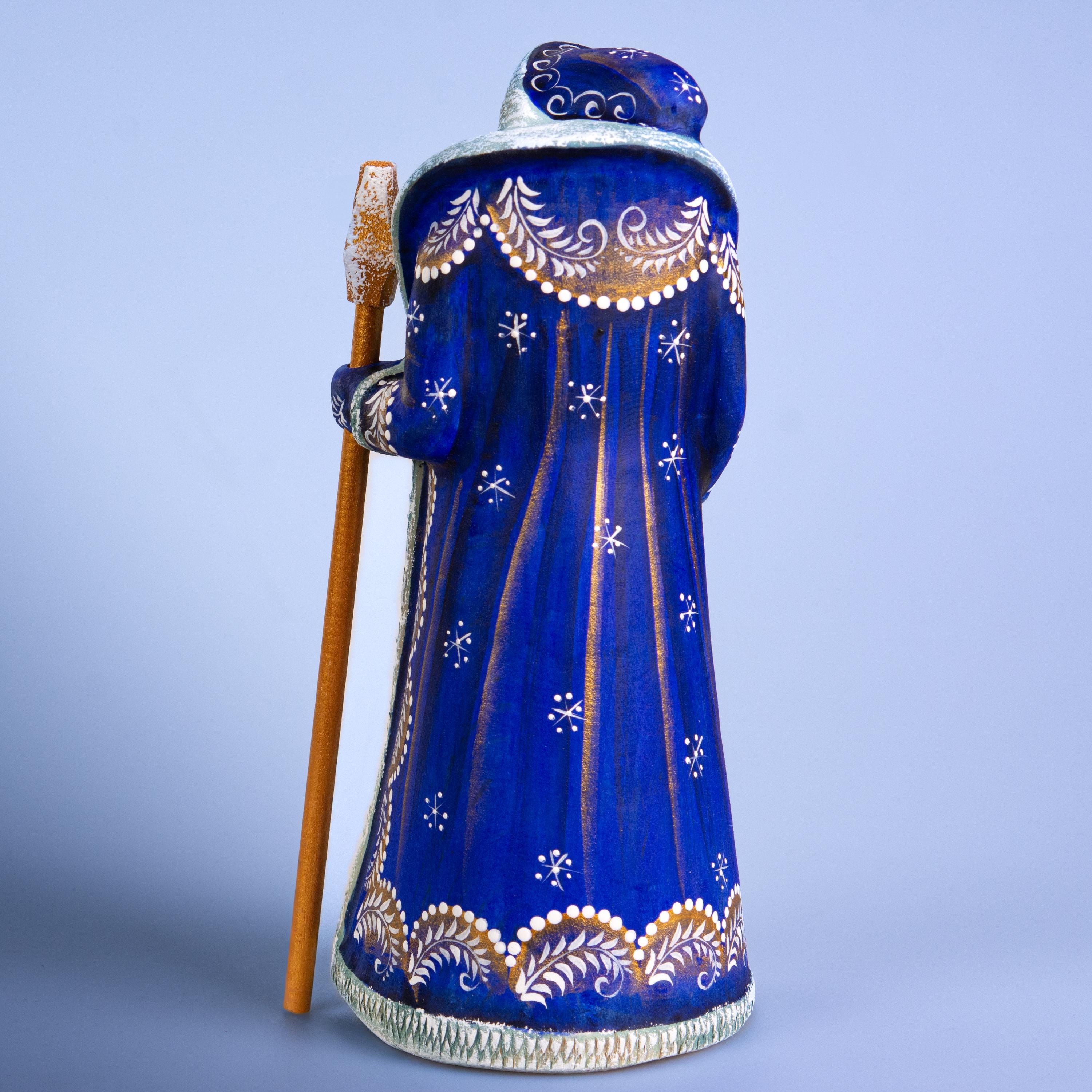 Blue Father Christmas figurine with staff, hand painted, 8.7 inch