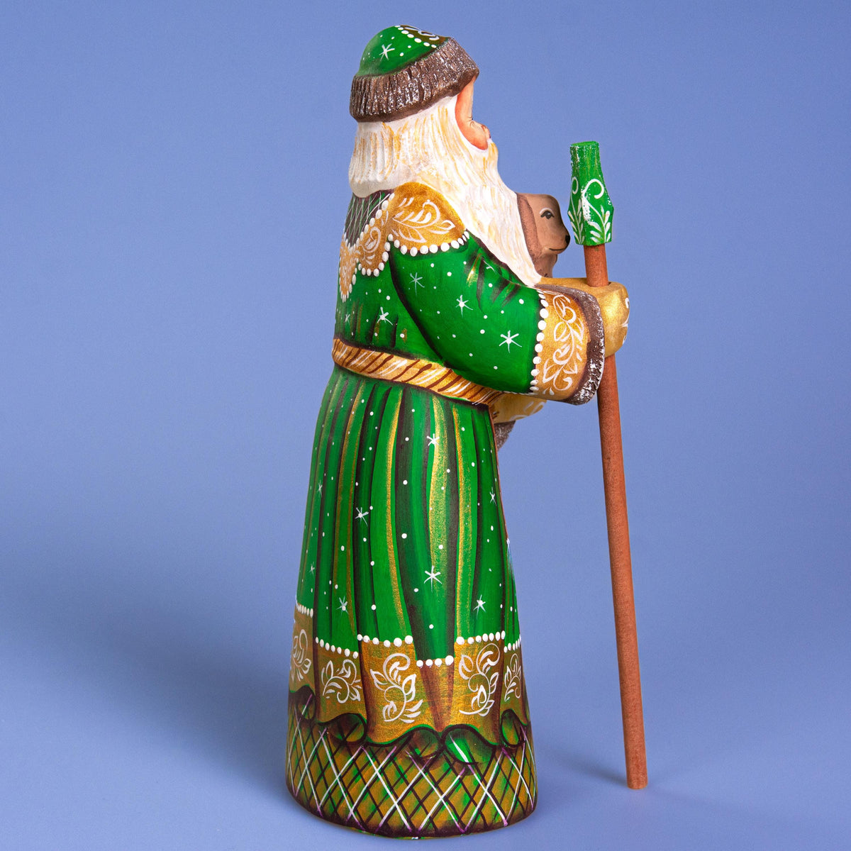 Santa with Dog Figurine 9", Green Coat, Hand Painted Wood
