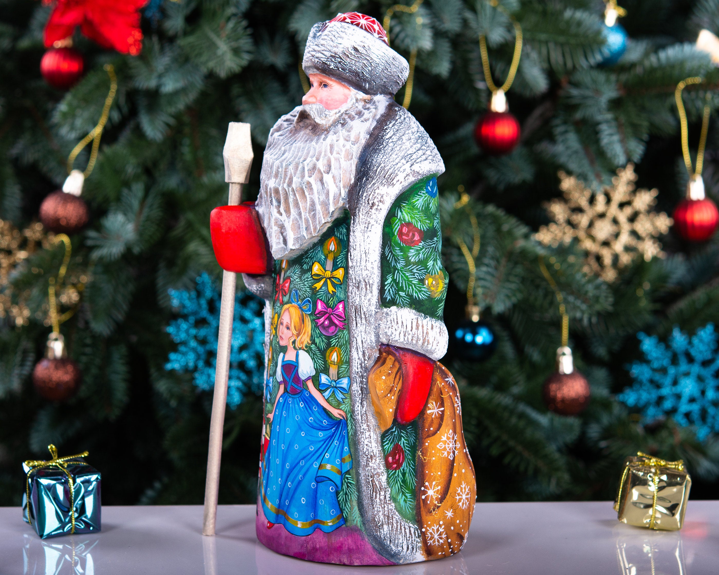 Wooden Hand Carved Santa Claus figurine 9.5", handmade home Christmas Holiday decoration indoor, funny Christmas gift idea made in Ukraine