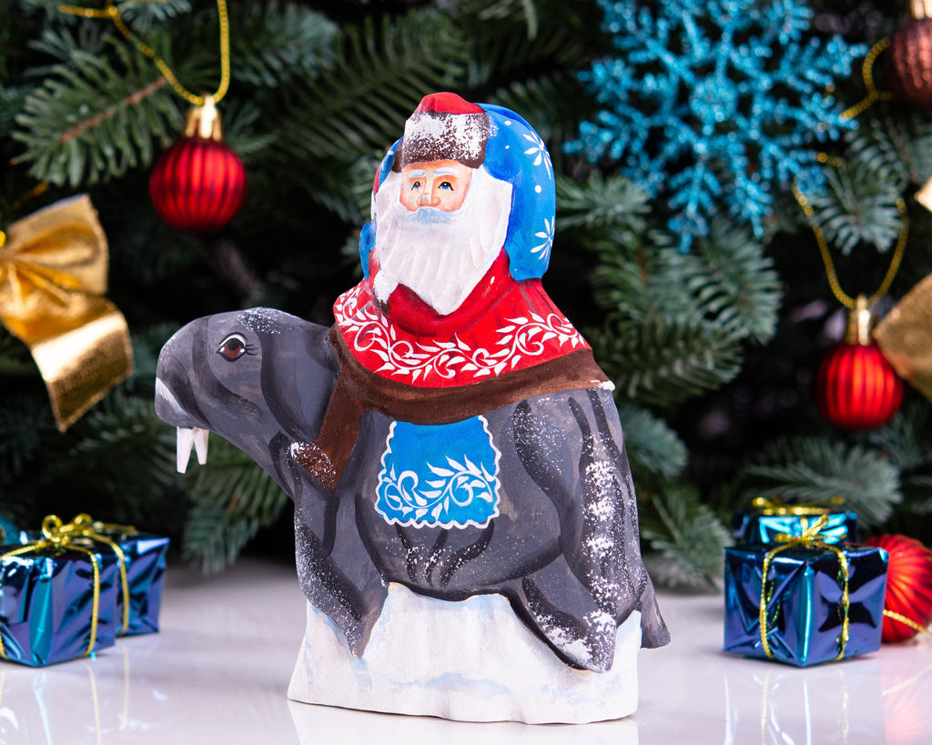 Hand Carved Wooden Santa Claus on Walrus - Christmas Figurine