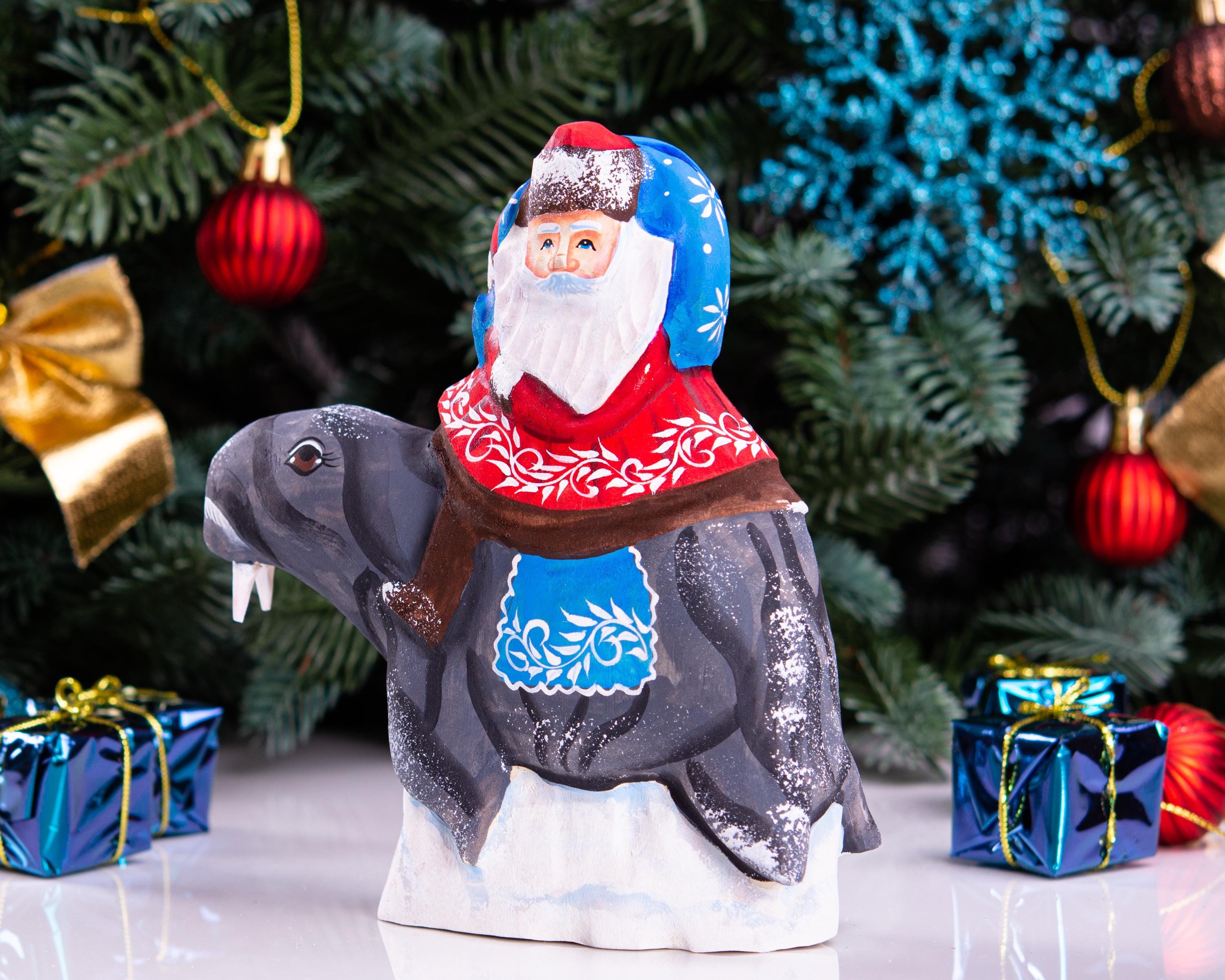 Hand Carved Wooden Santa Claus on Walrus - Christmas Figurine
