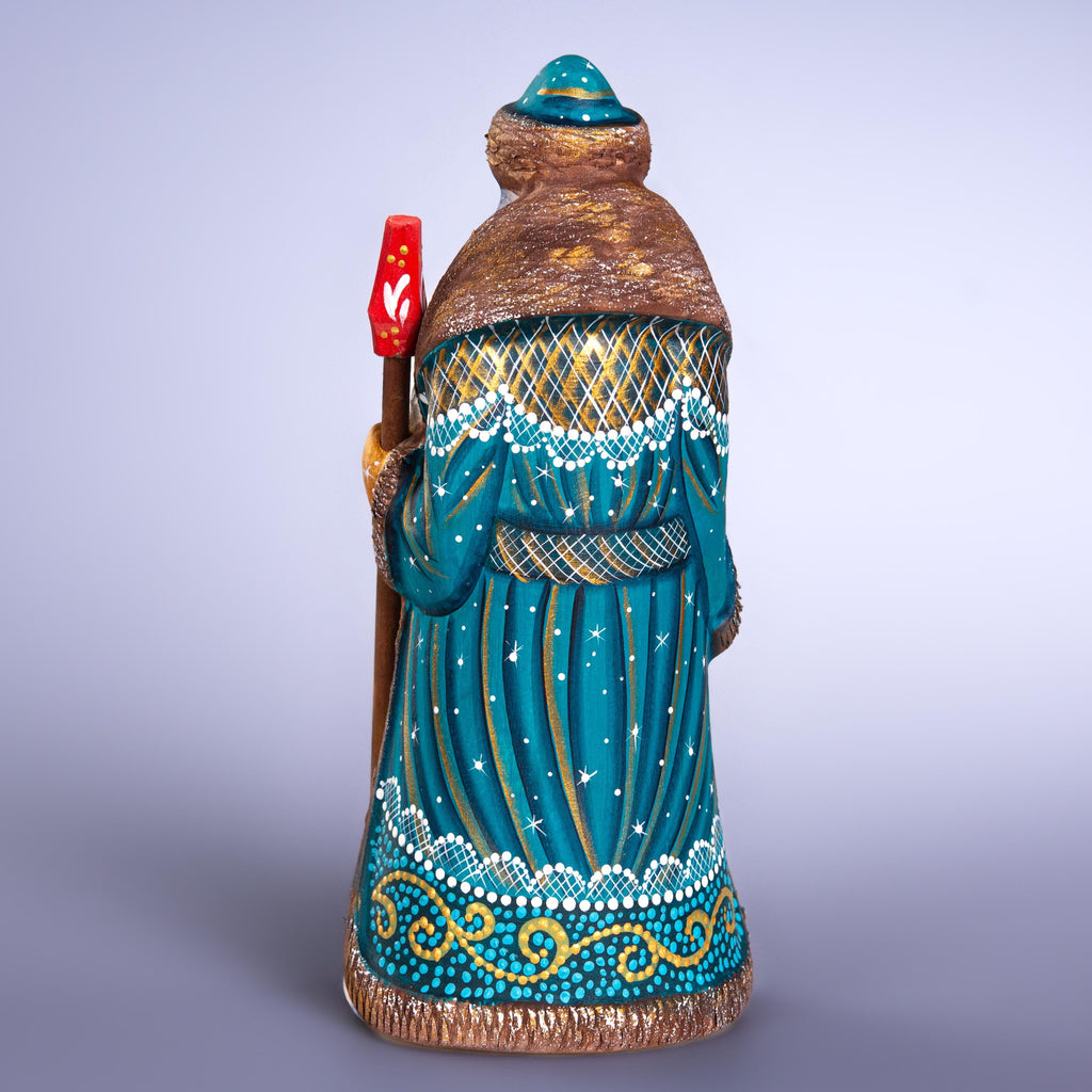 Hand Carved Santa Claus Figurine: Blue & Gold Winter Village Scene