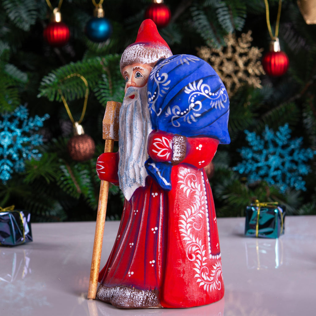 Hand carved Santa wooden figurine 8 inch, blue gift sack, shelf decor