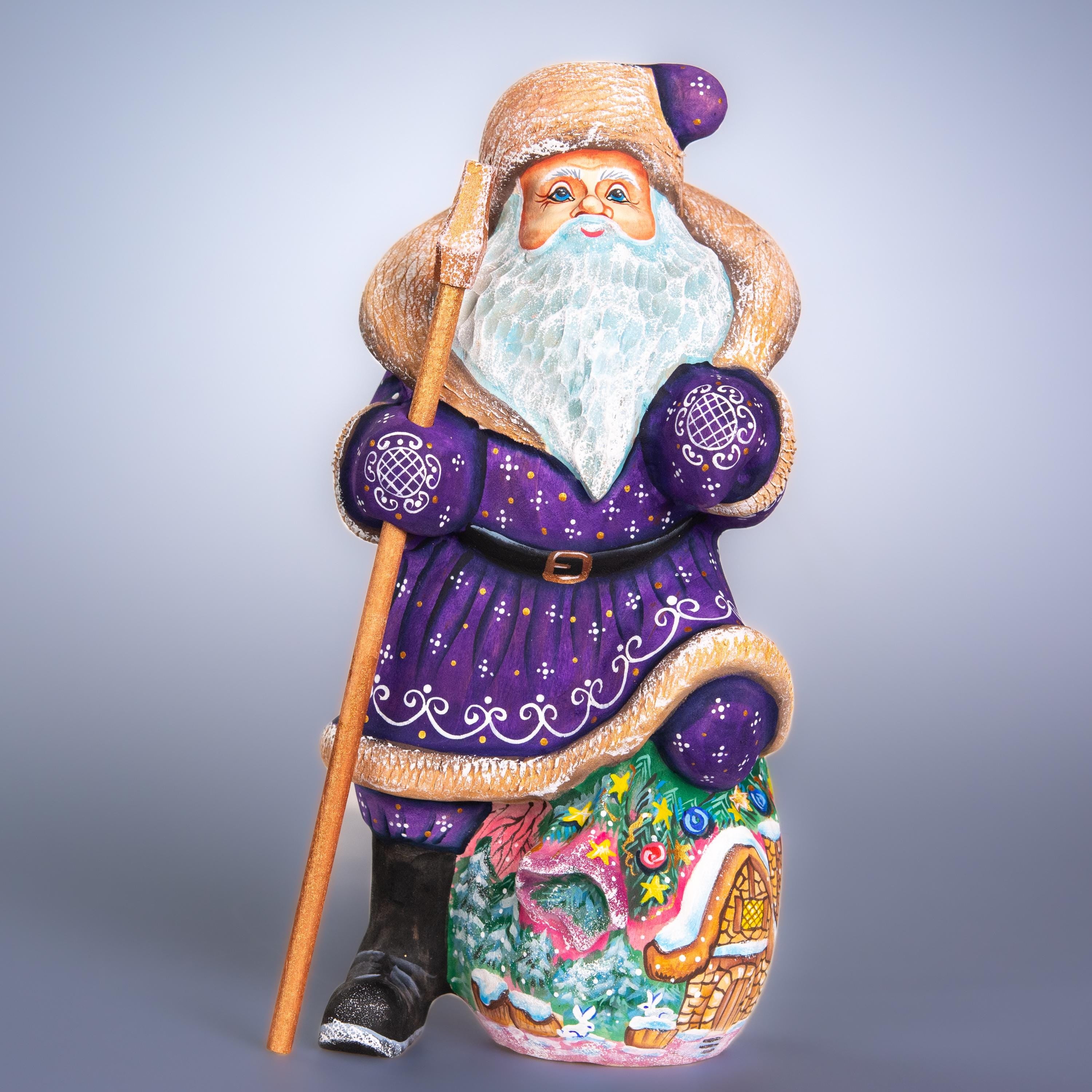Hand carved wooden Santa figurine 9.4 inch, purple coat, cottage scene decor