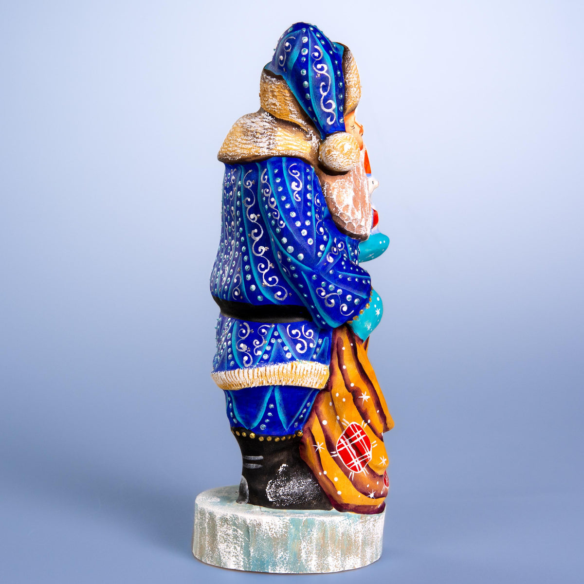 Hand carved blue Santa wooden figurine 10 inch, snowman in hand