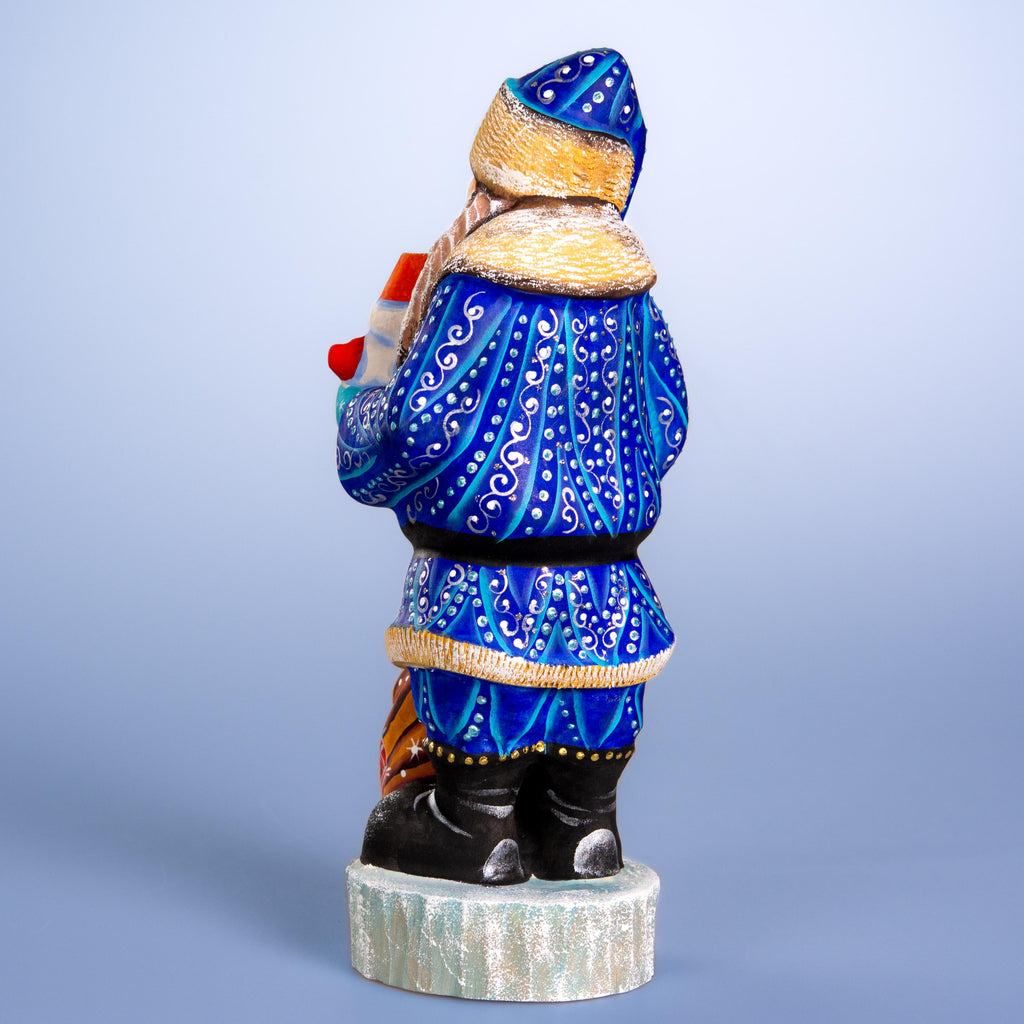 Hand carved blue Santa wooden figurine 10 inch, snowman in hand