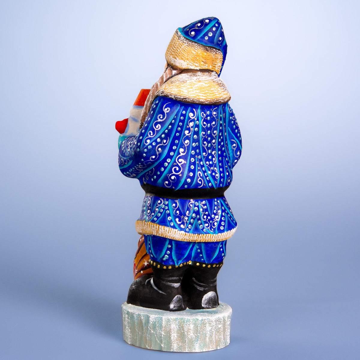 Hand carved blue Santa wooden figurine 10 inch, snowman in hand
