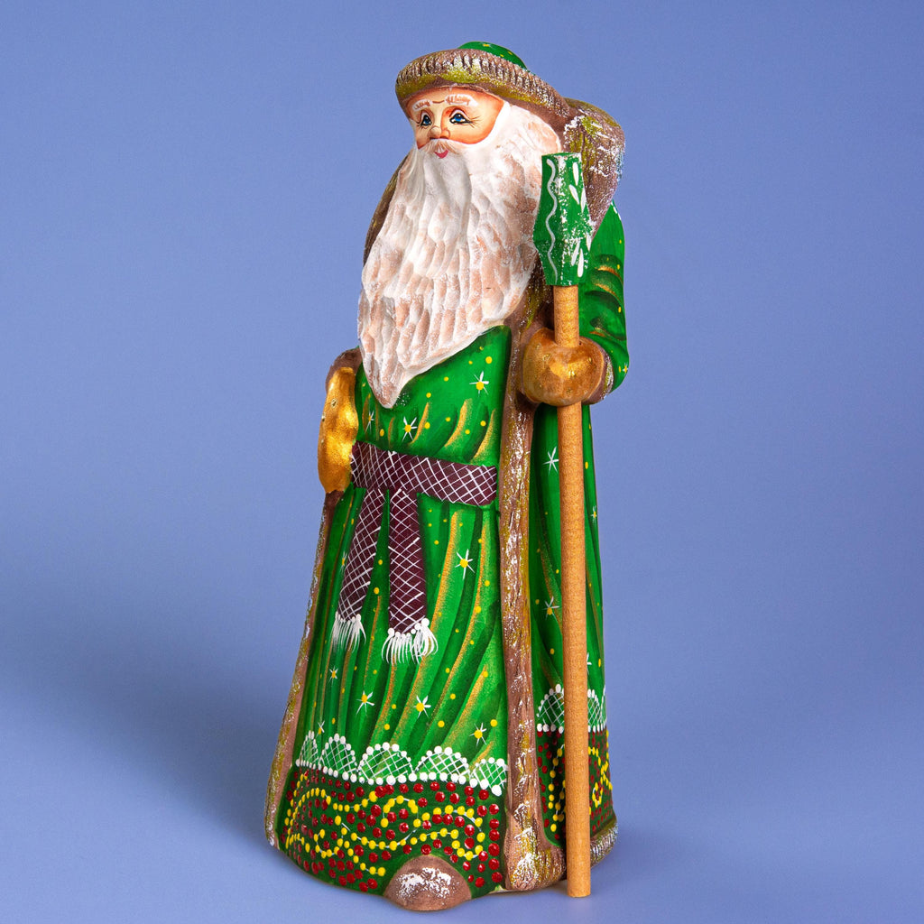Hand carved green Santa wooden figurine 8.7 inch, Christmas mantel display decor