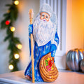 Hand carved blue Santa wooden figurine 8 inch, matryoshka toy sack, staff holiday centerpiece