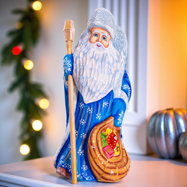 Hand carved blue Santa wooden figurine 8 inch, matryoshka toy sack, staff holiday centerpiece
