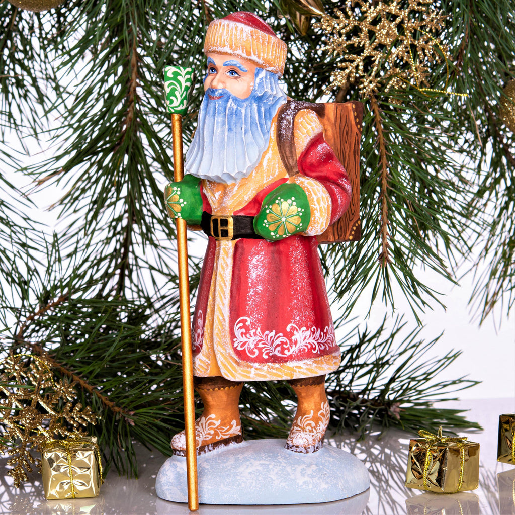 Hand carved wooden Santa figurine 11 inch, cuckoo clock bullfinch scene, Christmas home accent