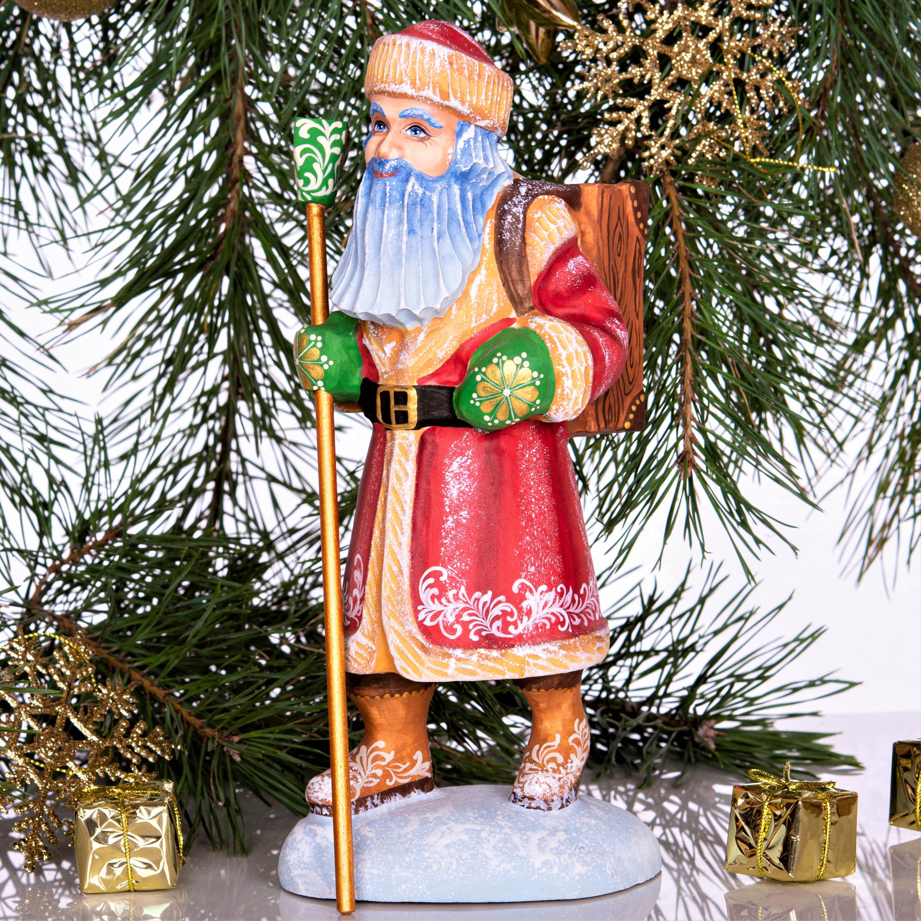 Hand carved wooden Santa figurine 11 inch, cuckoo clock bullfinch scene, Christmas home accent