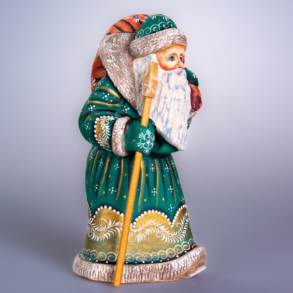 Hand carved Old-World Santa wooden figurine 9 inch, staff and gift sack, mantel decor