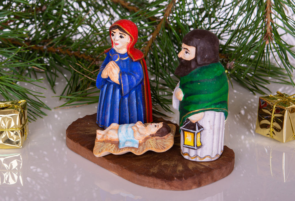 Hand Carved Wooden Nativity Set 4", Holy Family on Board