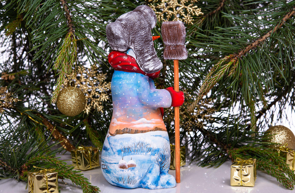 Hand carved snowman wooden figurine 9.1 inch, holding broom, shelf decor