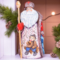 Hand Carved Wood Santa Figurine 9 inch: Child, Dog, Winter Scene