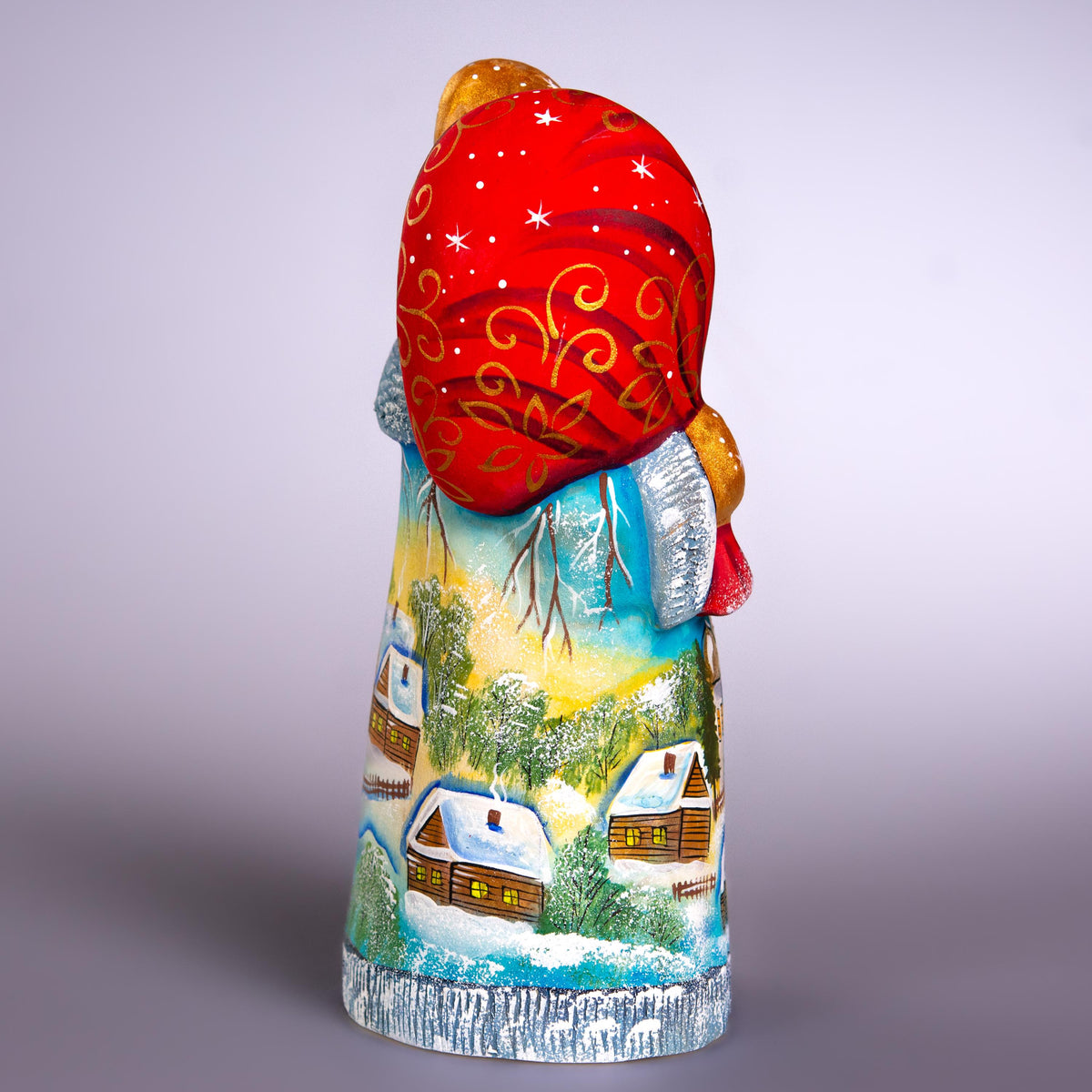 Hand Carved Santa Figurine 8 inch: Snowy Village, Golden Church - Signed Collectible