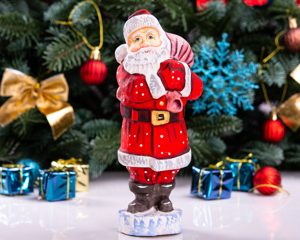 Santa Statue 7.1″, Hand‑Carved Wood, Shoulder Toy Sack