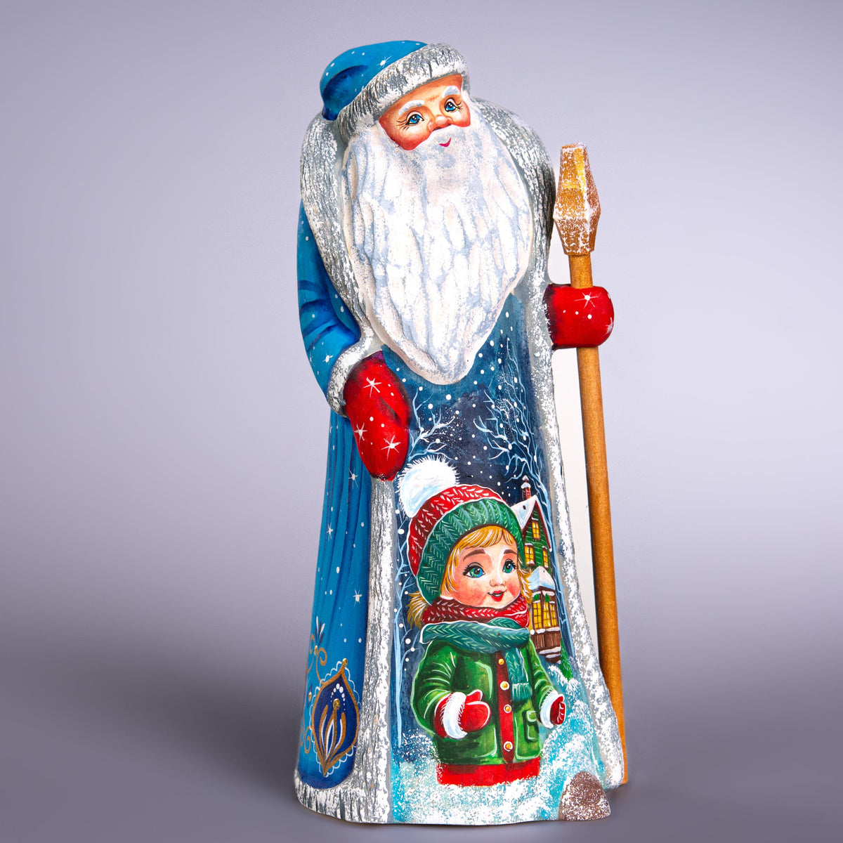 Hand carved wooden Santa figurine 9 inch, with child, shelf decor