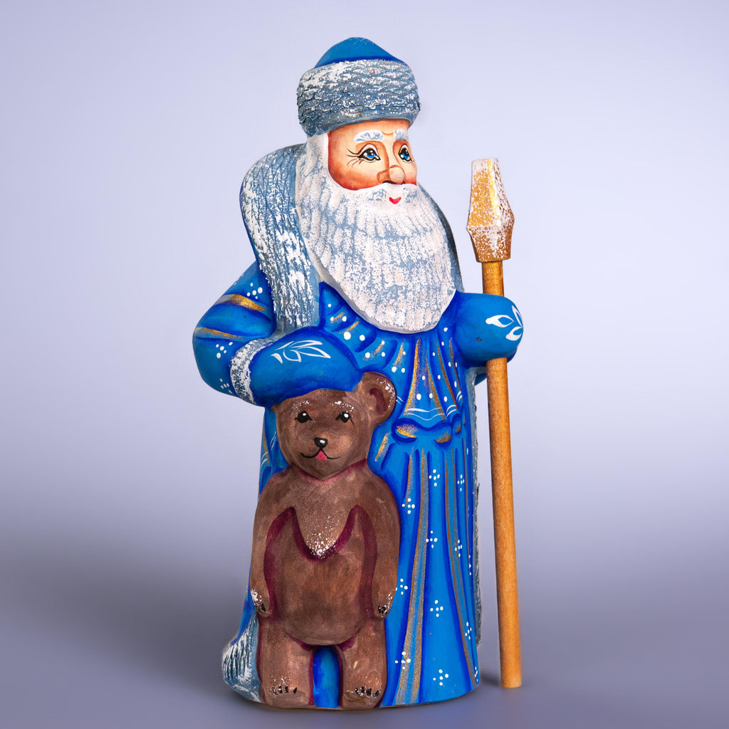 Old World Father Christmas Figurine 8 inch, Blue Robe, Santa with Bear, Hand Painted