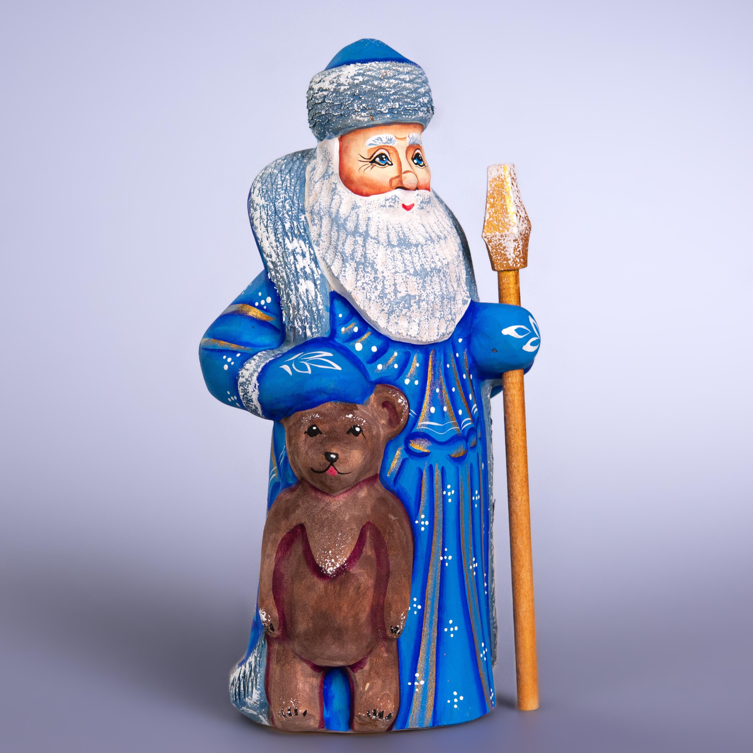 Old World Father Christmas Figurine 8 inch, Blue Robe, Santa with Bear, Hand Painted